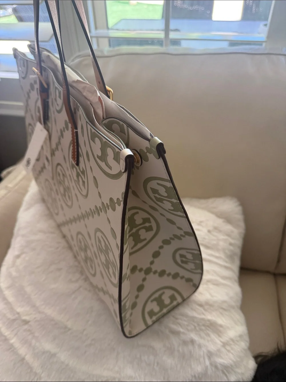 Tory Burch White Canvas Tote with Sage Green Logo Print and Brown Leather Straps